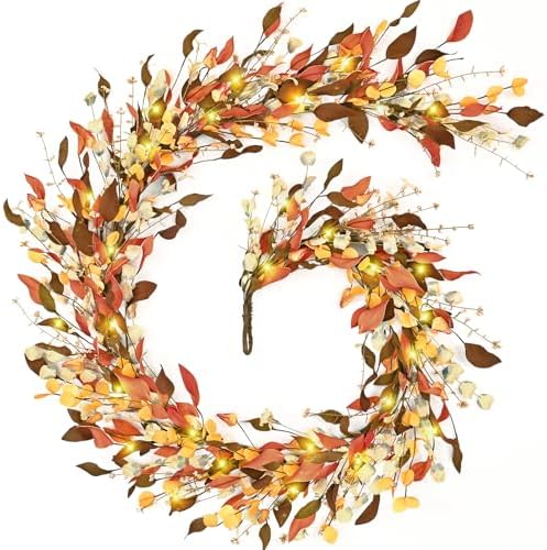 Waipfaru Fall Decor, 6FT Fall Garland with Lights Autumn Eucalyptus Leaves Lighted Garland Thanksgiving Harvest Festival Decoration for Home Mantle Porch Outdoor Indoor Wedding Window Wall Arch(2 PCS) by Waipfaru