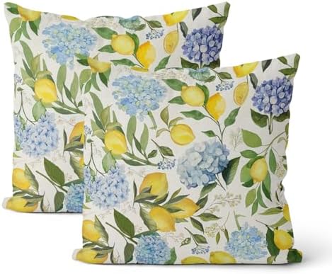 Blue Yellow Pillow Covers 16x16 Inch 2 Pcs Blue Hydrangea Floral Decor Throw Pillows Vintage Lemon Flower Seasonal Summer Outdoor Decoration Pillowcase Linen Cushion Cover for Couch Sofa by DAFENA