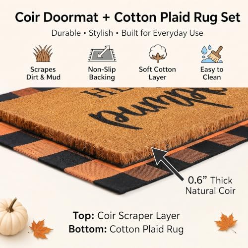 Fall Decor Doormat Combo Set, 100% Coco Coir Welcome Mat + 3' x 5' Orange and Black Plaid Rug - Fall Thanksgiving Front Porch Entryway Decor Floor Mat, Indoor Outdoors Autumn Mats Hello Pumpkin - Image 4
