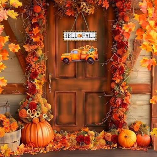 Hello Fall Hanging Sign for Front Door - 14.5"x9" Thanksgiving Welcome Door Sign with Pumpkins - Farmhouse Vintage Autumn Decoration for Fall Porch Home Wall - Image 5