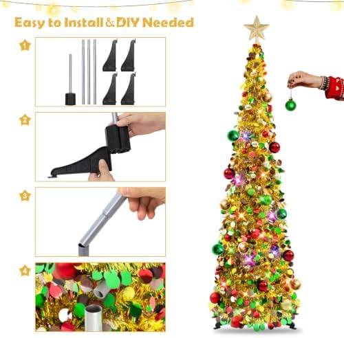 N&T NIETING Pop Up Christmas Tree with Lights, Collapsible Tinsel Xmas Tree Decorations, Pencil Christmas Tree Skinny Tree for Holiday Xmas Home Office Decor, 30 Balls, 5Ft, Gold Mix - Image 4