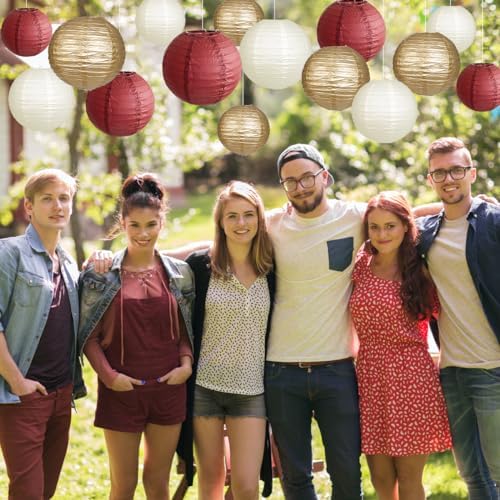 Round Hanging Paper Lanterns Burgundy and Gold Party Decorations15pcs - Image 4