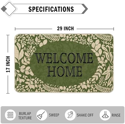 Welcome Spring Door Mat Green Leaves Doormat Indoor Outdoor Entrance Summer Decor Outdoor Rug Low-Profile Floor Rug Non Slip Spring Summer Decor Rubber Mats for Home Decoration 17x29Inch - Image 3