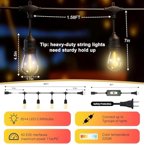 100FT Outdoor String Lights, 60+4 Bulbs,2200K amber glow,400W Dimmer Remote - Image 2