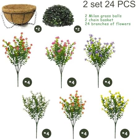 Artificial Hanging Plants Flowers with Basket 2 Packs, Artificial Hanging Flowers for Outdoors, Faux Hanging Plants Outdoor, Yellow+Purple+White+Orange+Pink+Red - Image 2