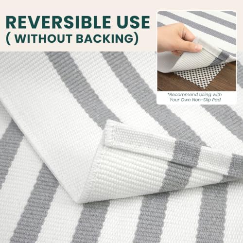 KOZYFLY Striped Rug 2.3x3.6 ft Cotton Woven Front Door Rugs, Gray and White - Image 4