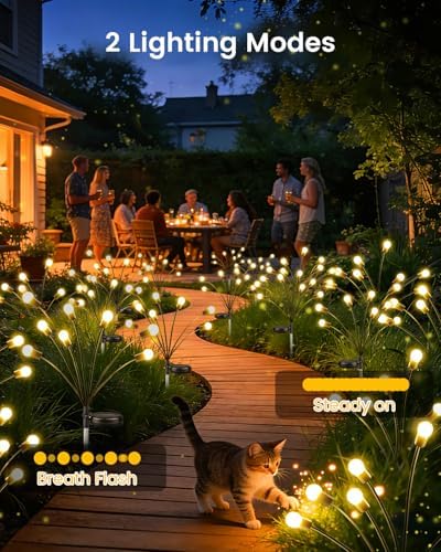 OZS 4 Pack Total 32 LED Solar Garden Lights Fairy Outdoor - Solar Firefly Lights Outdoor, Sway by Wind, Waterproof for Garden Patio Pathway Fairy Decoration (Warm White) - Image 2