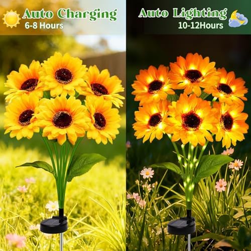 Solar Sunflower Lights Outdoor Garden Decor, 2 Pack with 12 Sunflowers,8 Lighting Modes, Birthday Gifts for Mom Women, Outdoor Decorative Stakes Light for Landscape Yard Patio Lawn - Image 5