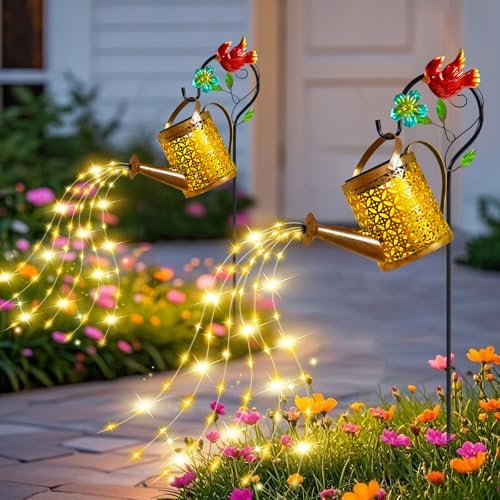 Solar Lights Outdoor, Watering Can with Cascading Lights, Watering Can with Hook Solar Lantern, Gardening Decor for Yard Patio, Gardening Gifts for Mom Grandma Women (2 Pack) by OSTRITEC