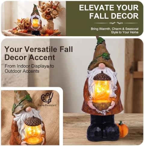 Topadorn Fall Decor Lighted Gnome with LED Acorn Jar, Resin Harvest Decor - Image 3