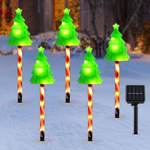 Lewondr Solar Christmas Pathway Lights, 5 PCS Solar Christmas Decorations Outdoor with 2 Lighting Modes, Xmas Tree Lights with Red Pole and Garden Stake, Waterproof Garden Lawn Patio Holiday Decor by Lewondr