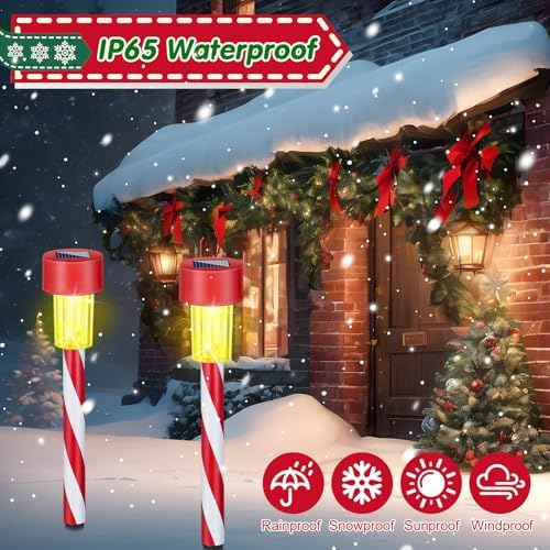 Honoson 12 Pcs Christmas Solar Pathway Lights Outdoor - Candy Cane Xmas Decorative Lighting, IP65 Waterproof for Patio, Lawn, Yard, Landscape, Driveway, Path, Party Decor - Warm Lights - Image 4