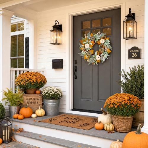 Pinkpum 20" Fall Wreath for Front Door Pumpkin Lambs Ear Wall Decor Autumn - Image 6