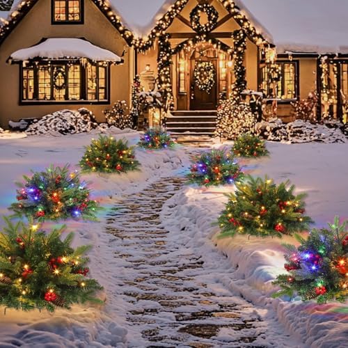 Timer 2 Pack Outdoor Christmas Tree Urn Filler 24 Inch Artificial Xmas Tree withPinecones Red Berries Tripod Stake Warm White & Colorful Lights Battery Operated 8 Mode Porch Decor Pathway Holiday Yard - Image 6