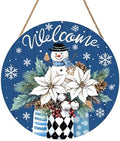Welcome Winter Blue Poinsettia Front Door Sign Winter Snowman Wood Door Hanger Outdoor Outside Porch Decor Blue Christmas Snowflake Holiday Wreath Wall Hanging Welcome Sign for Home Front Porch 12in by welcometoourhome