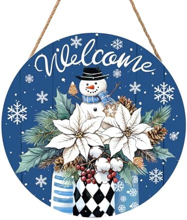 Welcome Winter Blue Poinsettia Front Door Sign Winter Snowman Wood Door Hanger Outdoor Outside Porch Decor Blue Christmas Snowflake Holiday Wreath Wall Hanging Welcome Sign for Home Front Porch 12in by welcometoourhome