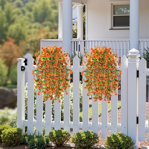 Artificial Fall Mums Fake Hanging Flowers for Outdoors 2PCS (Orange) - Image 4