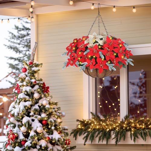 Artificial Fake Christmas Hanging Flowers Plants Basket with LED Lights, Faux Poinsettia, Pine Branches, for Outdoor New Year Xmas Decoration, Porch Home Holiday Decor (Frosted pine branches) - Image 6