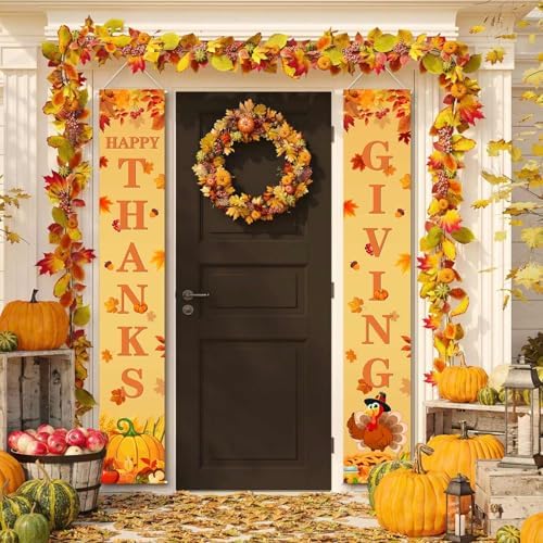 MEHOFOND Thanksgiving Banner, Door Mount, Fall Pumpkin Maple Leaves Door Decorations, Board Wall Hanging Farmhouse Supplies, Pumpkin Porch Decorations Outdoor for Home Office Holiday by MEHOFOND