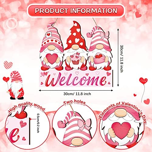 Panelee Valentine's Day Gnome Welcome Sign Valentines Hanging Wreath Sign for Front Door Decor Red Heart Love Decor Sweet Gnome Door Hanger for Home Wall Yard Indoor Outdoor Garden Window - Image 3