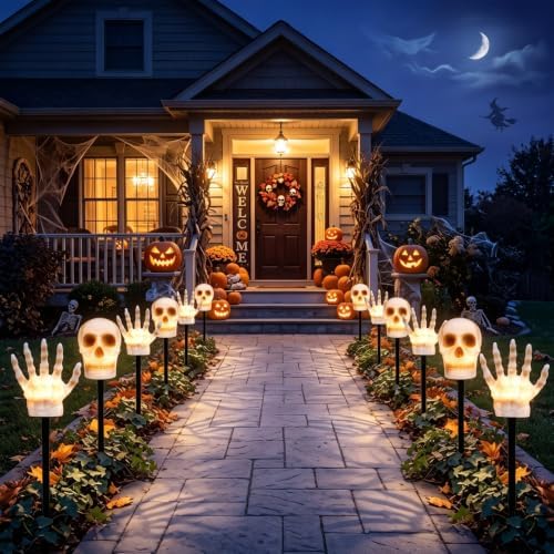 6Pack Halloween Pathway String Lights, 13Ft LED Skull Outdoor Stake Lights by Jasneniebo