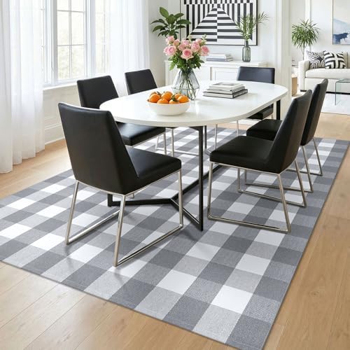 KOZYFLY Buffalo Plaid Area Rug 5x7 ft Living Room Rug, Gray and White - Image 3