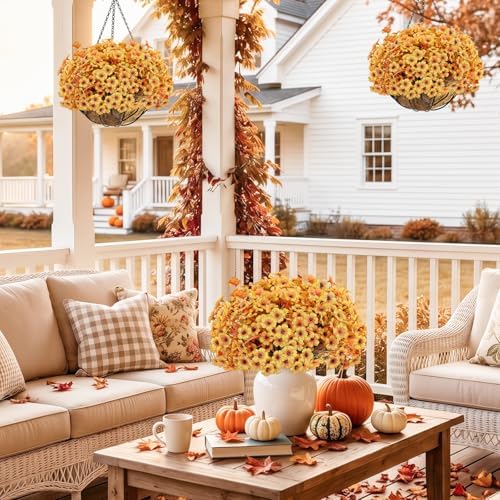 22 Pack Artificial Fall Flowers Mums for Outdoor Indoor(Fall Yellow) - Image 5