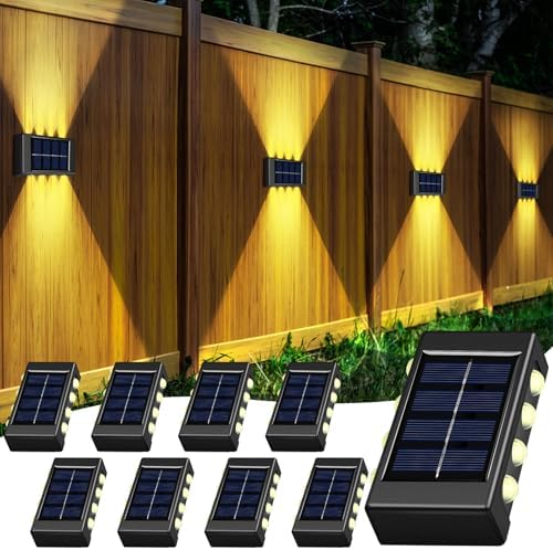 Rossesay 8 Pack Solar Wall Lights for Outside 3000K Warm Solar Fence Lights Up and Down Autumn LED Outdoor Decorative Waterproof Lamps Dusk to Dawn LED Lighting Wall Sconces for Outside Deck Garage by Rossesay