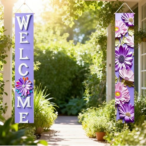 Porch Banners 71x12 Inch Welcome Purple Floral Spring Summer Decor - Image 6