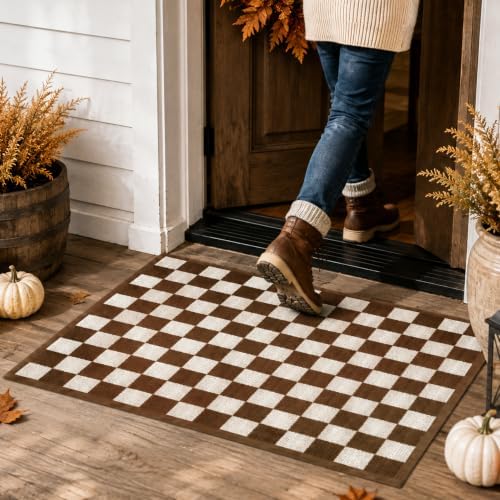 Duraaamo Brown and White Checkered Rug 2' x 3' for Fall Outdoor Decor - Image 4