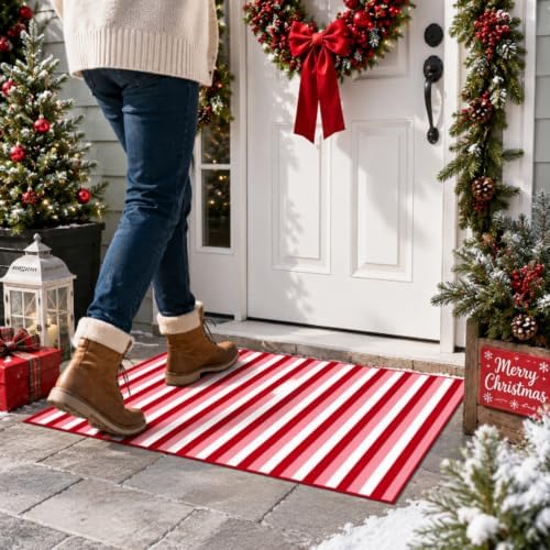 Moucuny Christmas Red Pink White Vertical Stripe Outdoor Rug 2' X 3'Doormat - Image 4