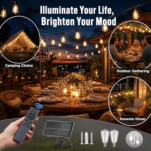 Solar Lights Outdoor Waterproof: ST38 50FT 15M Patio Lights Shatterproof Bulbs - Solar Powered & USB Charging- Remote Control 3 Light Modes Dimmable Solar Light - Garden Camping Backyard - Image 5
