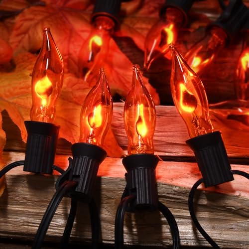 PASUTO Flickering Flame String Lights Orange Halloween Lights with 10 Pack C7 Orange Flickering Light Bulbs, 12.8Ft Flame String Lights for Fall Decor Halloween Decorations for Home Party Yard Porch - Image 3