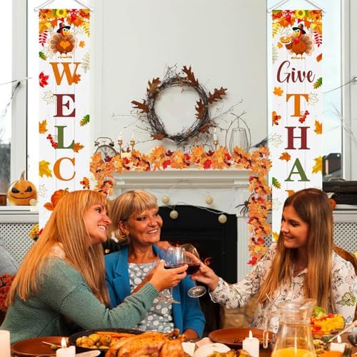 MEHOFOND Give Thanks Porch Banner Sign, Fall Welcome Maple Leaves Thanksgiving Door Decorations, Board Wall Hanging Farmhouse Supplies, Thanksgiving Porch Decor Outdoor for Home Office Holiday - Image 7