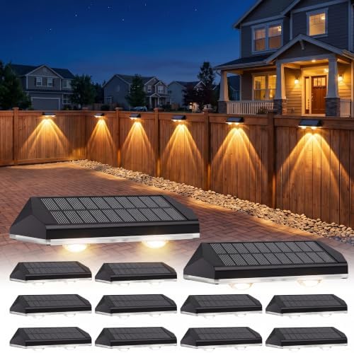 AUDLES Fence Lights Solar Powered, 12 Pack 3 Color Temp LED Solar Fence Lights Outdoor, IP65 Waterproof Landscape Step Lights for Backyard, Patio, Railing, Garden, Yard by AUDLES