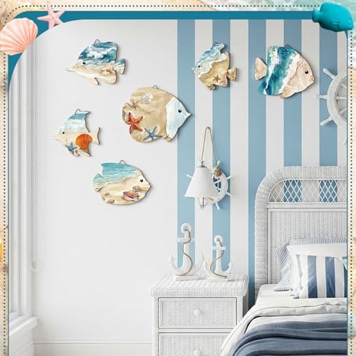 CroBlissful 6 Pcs Summer Fish Wall Decor Beach Coastal Wood Wall Art - Image 6