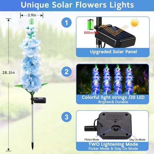 MRHEPHAESTUS Solar Garden Lights, Solar Blue Delphinium Flowers Lights 8 Pack 160 LEDs, Waterproof Outdoor Light Two Lighting Modes for Outside Wedding Party Garden Yard Patio Lawn Decor - Image 2