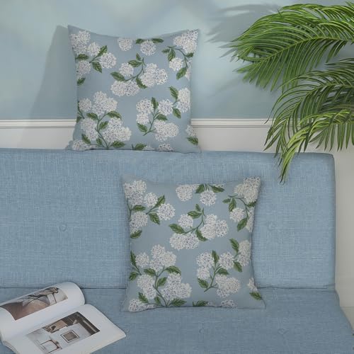 Light Blue Pillow Covers 16x16 Inch 2 Pcs Blue Green Hydrangea Flower Decor Throw Pillows Vintage Floral Seasonal Spring Summer Outdoor Decoration Pillowcase Linen Cushion Cover for Couch Sofa - Image 3