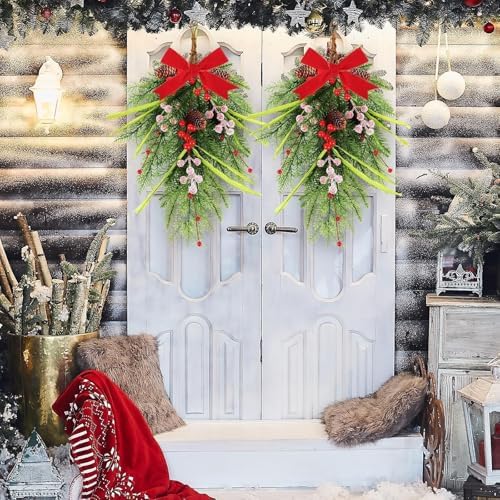 24" Artificial Christmas Teardrop Swag 2 Pcs Faux Pine Needles Teardrop Door Swag Xmas Green Cedar Swags Winter Wreath with Red Berry for Kitchen Cabinet Table Mantle Fireplace Farmhouse Home Decor - Image 3