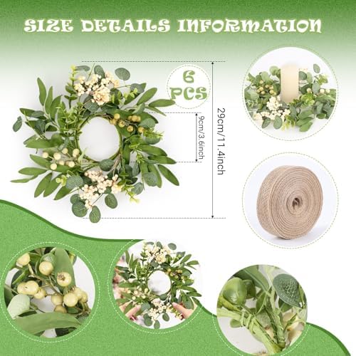 6 Pcs Green Eucalyptus Swag Wreaths for Pillars Spring Summer Kitchen Cabinet Wreaths Mini Green Berry Leaves Wreath with Ribbon for Front Door Porch Wall Window Farmhouse Decoration - Image 3