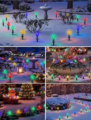 38FT Multicolor LED Christmas Pathway Lights, 25 Multicolor Extendable Weatherproof Christmas Walkway Lights with C9 LED Bulbs and Stakes for Outdoor Lawn Patio Yard Decorations - Image 6