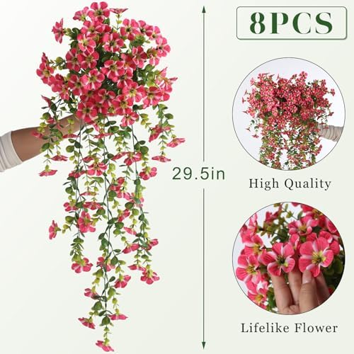 8 Bundles 29.5" Artificial Hanging Silk Flowers for Front Door(Rose Red) - Image 5