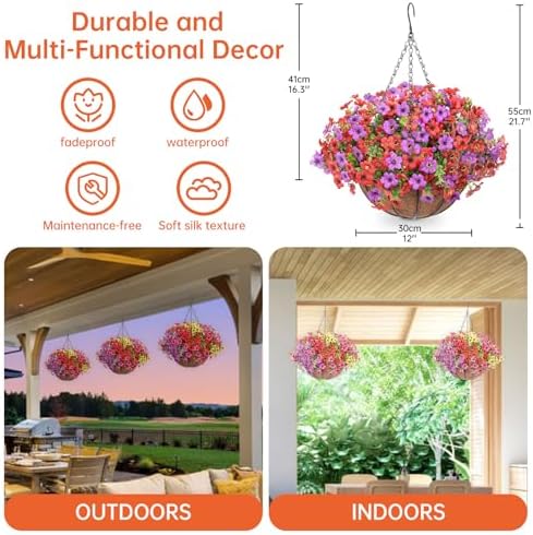 Artificial Hanging Faux Flowers Basket, Fake Silk Daisy Eucalyptus Plants Arrangement,for Spring Summer Outdoor Decoration,UV Resistant, Coconut Planter,Look Real for Home Garden Decor (Purple Red) - Image 4