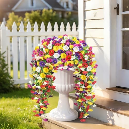 Artificial Hanging Flowers for Outdoors, 6 PCS 414 Blooms Ultra Full Morning Glory Vines, UV Resistant Faux Silk Hanging Plants for Porch Window Box Patio Garden Decor, Mixed - Image 5