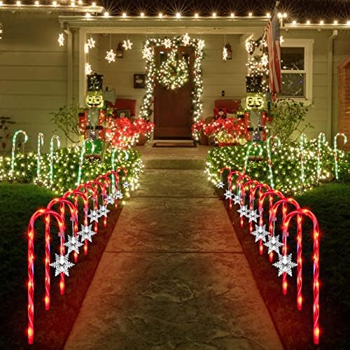 16 PCS 16.5" 128LED Christmas Candy Cane Lights with Stakes & Snowflake, Christmas Candy Cane Pathway Marker Lights Waterproof 11 Lighting Modes Outdoor Decorations - Image 4