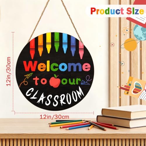 Welcome Sign for Classroom Door Decorations 12x12in Welcome to Our Classroom Sign Welcome Back to School Door Hanger Teacher Welcom Round Wood Hanging Signs for School Classroom Wall Board Supplies - Image 2