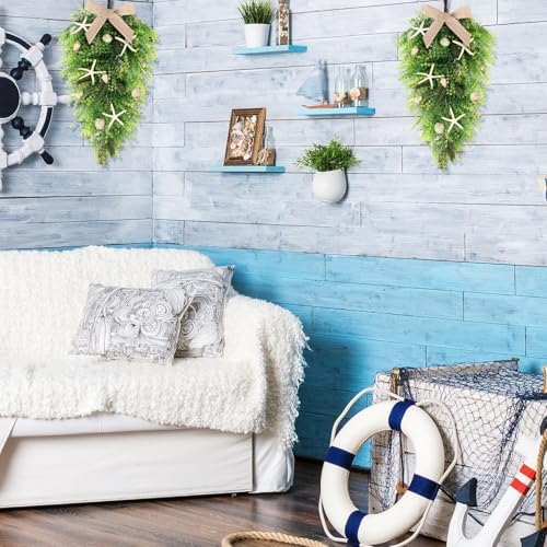 2 Pcs 24"Coastal Teardrop Swag Beach Seashell Starfish Wreath with Green Leaves for Front Door Wedding Farmhouse Starfish Conch Shells Wreath for Indoor Outdoor Spring Summer All Seasons Home Decor ﻿ - Image 5