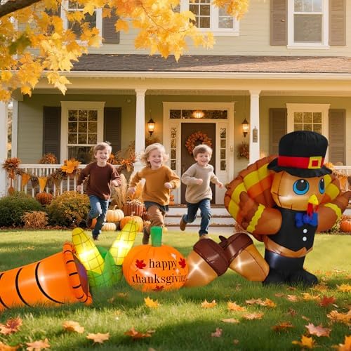 9FT Long Thanksgiving Inflatables Turkey Outdoor Decorations Blow Up Turkey Yard Inflatable with Pumpkin Corn Cornucopia Built-in LED Lights Thanksgiving Day Parade Fall Lawn Garden Outside Decor - Image 5