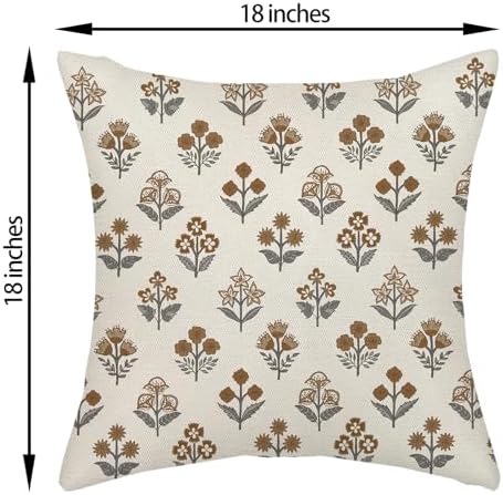 Brown Grey Pillow Covers 18x18 Inch 2 Pcs Gray Block Print Vintage Floral Decor Throw Pillows Boho Flower Spring Summer Outdoor Seasonal Decoration Pillowcase Linen Cushion Cover for Couch Sofa - Image 6