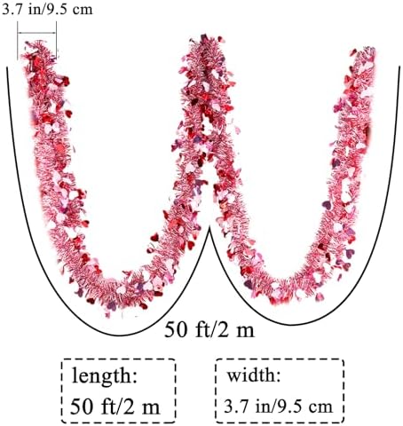 Valentines Garland Decor,50Ft Glitter Tinsel Heart Garland Decorations for Tree Mantle Bedroom Office Classroom Party Indoor Outdoor Holiday Home Pink Red White - Image 2